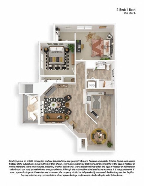Floor plan for 2 beds, 1 bath, 850 sqft